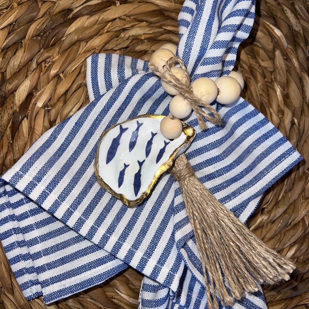 NEW set of 4 handmade real oyster shells, napkin rings, beach little blu fish